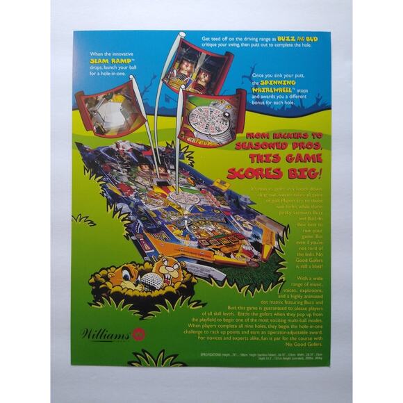 No Good Gofers Pinball Machine Flyer Original 1997 Artwork Golfing Buzz & Bud - Picture 3 of 3